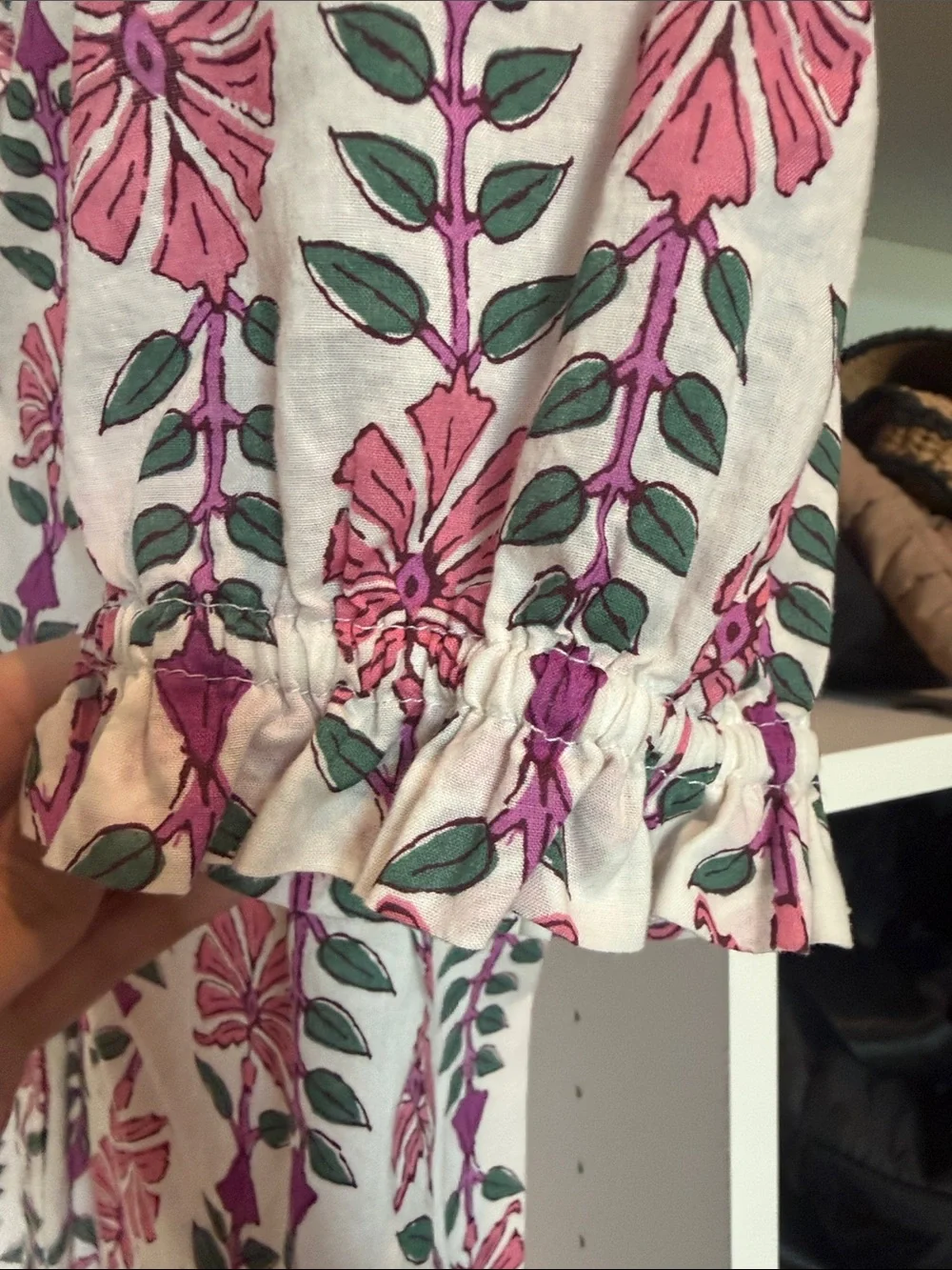 J. Crew White Blouse with Pink and Green Floral Print and Ruffle V-Neck